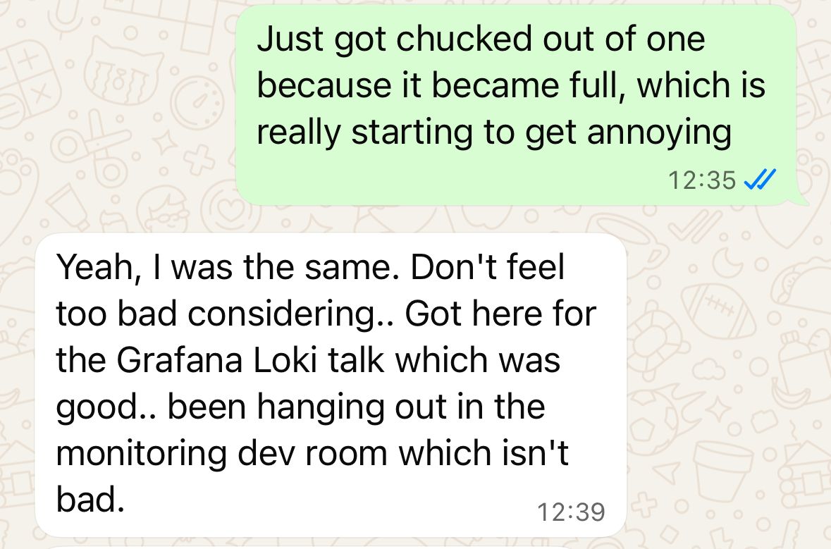 WhatsApp conversation about FOSDEM busyness from 2019